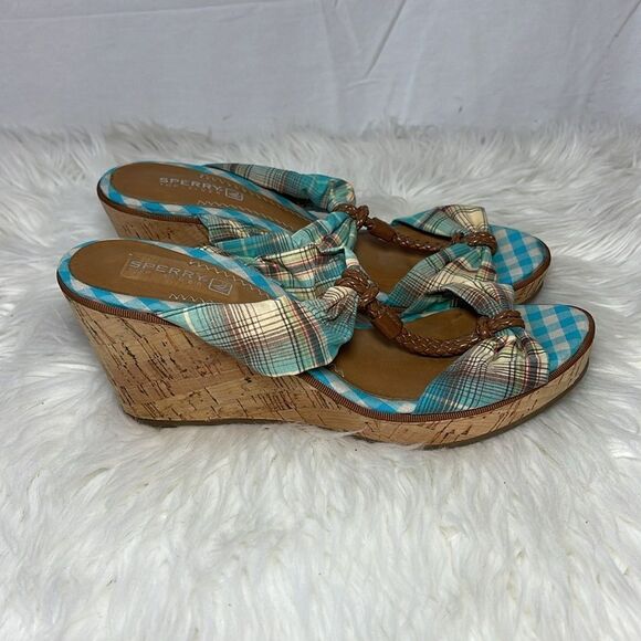 Sperry Topsider Shoreham Plaid T Strap Cork Wedge Sandals Sz 7.5 - Picture 5 of 8
